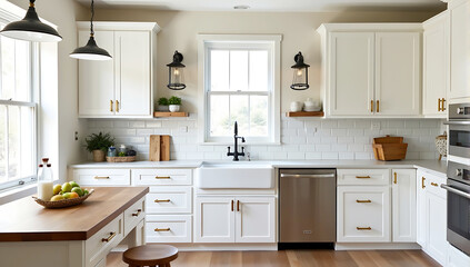 A Scandinavian-inspired kitchen with sleek white cabinets, natural wooden countertops, and matte black fixtures. A geometric tile backsplash in shades of gray adds a subtle contrast.