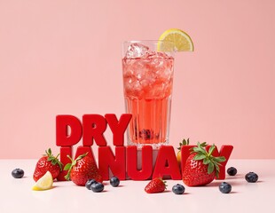 Dry January text with red mocktail, strawberries, blueberries, and lemon slice on a pink background. Healthy alcohol-free drink concept. Design for banners, posters, and invitations.