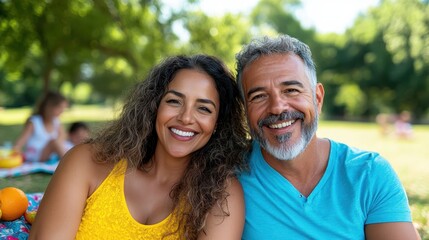Fototapeta premium A middle-aged couple smiles contentedly as they enjoy a picnic surrounded by lush greenery, illustrating love, happiness, and simple joys of life in nature.