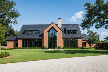 Obraz premium A front view of an architectural magazine photo, a large modern farmhouse-style home with a black metal roof and red brick walls in the Texas countryside. The lawn is covered in green grass.