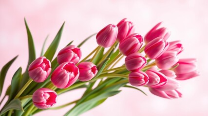 Naklejka premium A delicate bouquet of pink tulips arranged in a graceful arc, showcasing the soft, velvety petals and the vibrant green stems.