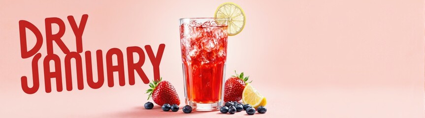 Dry January text with red mocktail, strawberries, blueberries, and lemon slice on a pink background. Healthy alcohol-free drink concept. Design for banners, posters, and invitations.