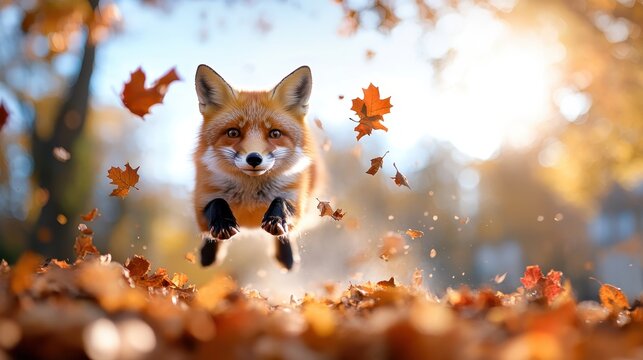 A fox joyfully leaps through a vibrant sea of colorful autumn leaves, capturing a moment of pure exuberance and energetic movement in a natural setting.