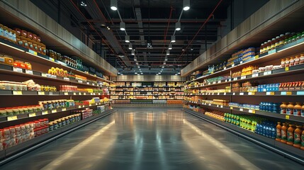 Modern supermarket aisle stocked with diverse packaged food and beverages.