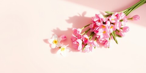 Delicate pink flowers with yellow centers on a soft pink background, casting shadows from natural sunlight