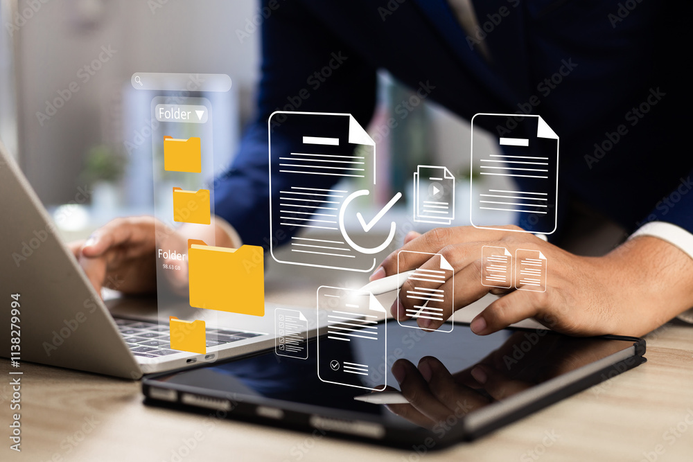 Fototapete Document management system (DMS) for business, Secure online folder and file sharing with virtual cloud access, Efficient team communication, and Data security, Online database ,Cloud storage