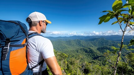 Naklejka premium A man with a white cap and backpack admires an expansive view of a seemingly endless mountain range, highlighting exploration and appreciation of nature.
