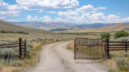 Fototapeta premium A rustic metal gate closed with wooden fences extending along a winding dirt path into the distance, rural charm