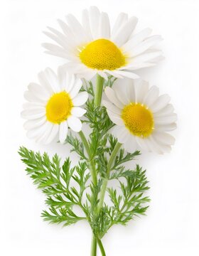 Matricaria chamomilla, commonly known as german chamomile, features white petals surrounding a vibrant yellow center, isolated on white