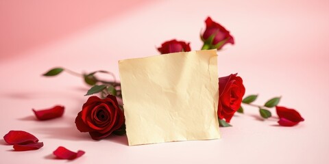 A blank, cream-colored paper note with the soft blush of a rose in the background, ready for your heartfelt message.