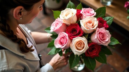 Florist holding bouquet of flowers.