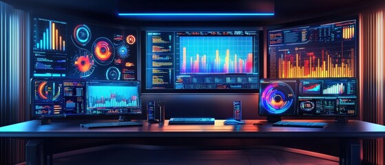 Data visualization dashboard modern office digital content high-tech environment wide angle viewpoint analytics insights