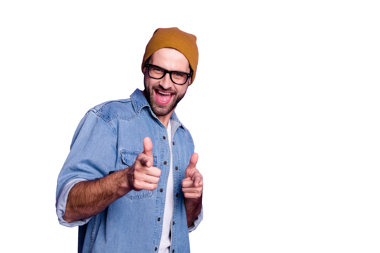 Portrait of his he nice attractive confident content cool cheerful cheery glad bearded guy pointing two forefingers at you flirting isolated over bright vivid shine violet lilac background