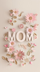 Obraz premium 3D paper text MOM with pink daisies on a light background, celebration of motherhood with flowers