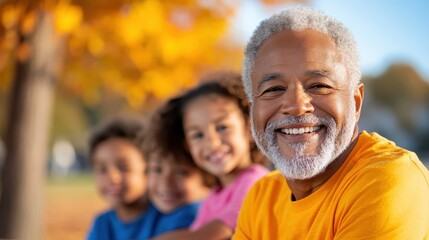 Fototapeta premium A cheerful senior man in an orange t-shirt sitting contently outdoors, surrounded by vibrant autumn trees, with children playfully blurred in the background.