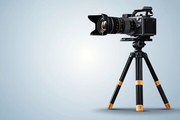 A silhouette of a vintage movie camera on a tripod, with minimalistic details and a gradient background in soft gray tones