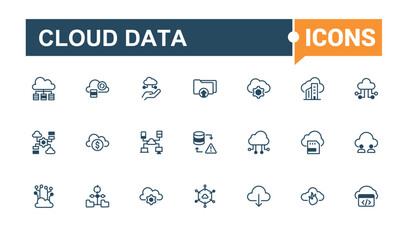 Cloud Data line icons set. Containing sync, Cloud Computing, connect, transfer, mobile, download, file, settings. Thin outline icons pack.