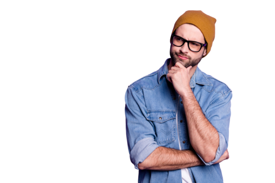 Portrait of his he nice attractive doubtful bearded guy touching chin thinking guessing strategy copy space isolated over bright vivid shine violet lilac purple background