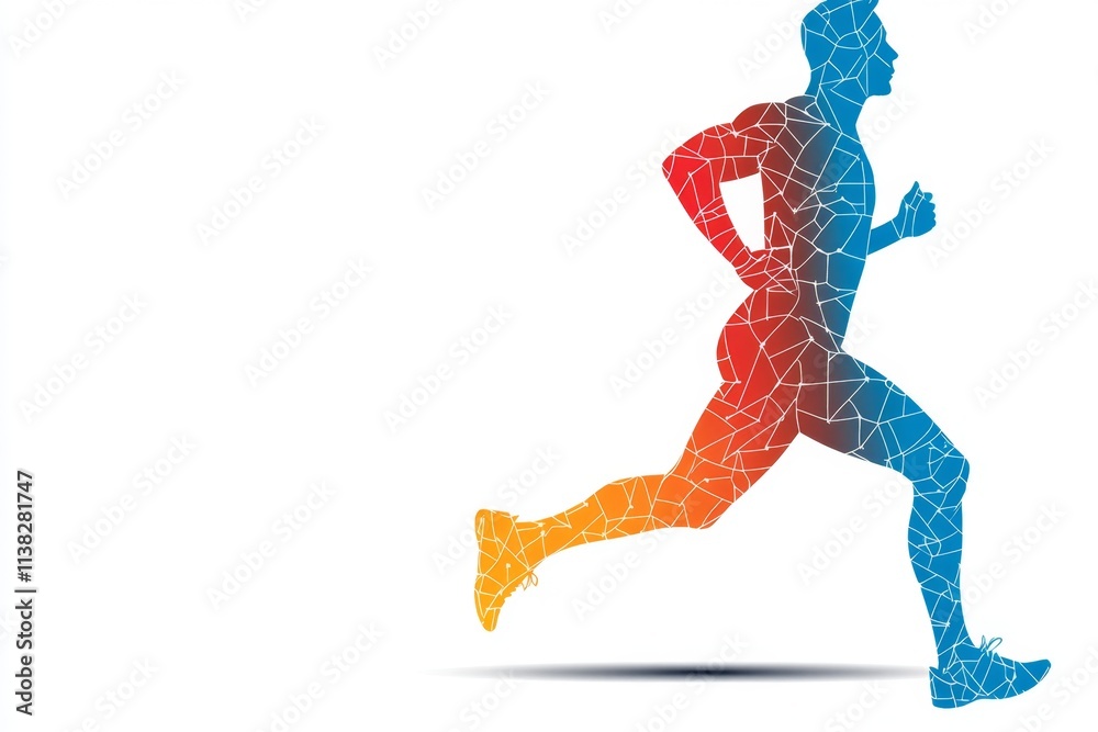 Poster a simple graphic of a person jogging, represented as abstract shapes in vibrant colors with a focus 