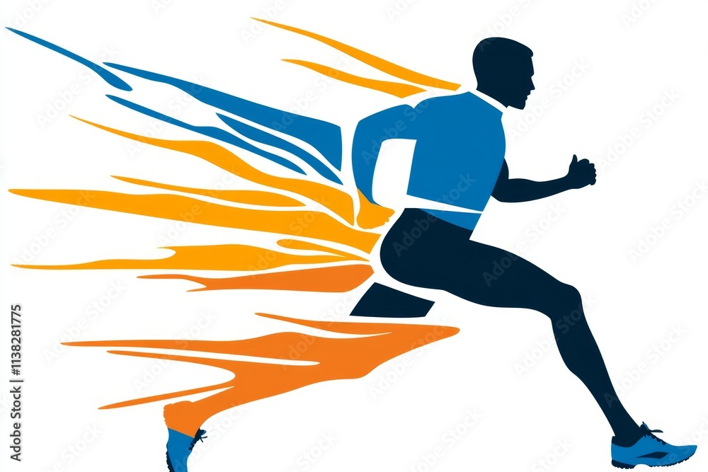Poster a simple graphic of a person jogging, represented as abstract shapes in vibrant colors with a focus 