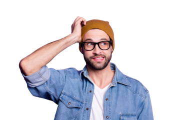 Close-up portrait of his he nice attractive discontent guilty bearded guy isolated over bright vivid shine violet lilac purple background