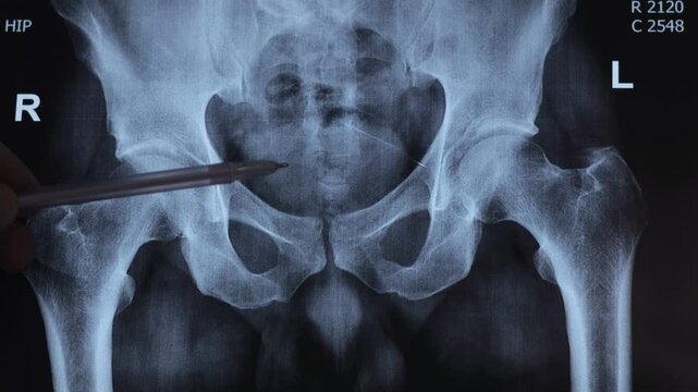 Doctor learn MRI of Bones of the Lumbar Spine and Pelvis. Pinched discs of spine and nerves. Intervertebral disc herniation.