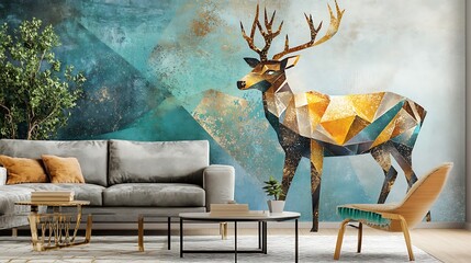 A modern and creative interior mural wall art featuring a stylized deer, with geometric patterns and vibrant colors. The deer? silhouette is formed by intricate lines and abstract shapes