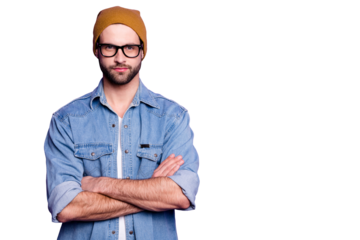 Portrait of his he nice attractive content virile calm peaceful bearded guy folded arms copy space isolated over bright vivid shine violet lilac purple background