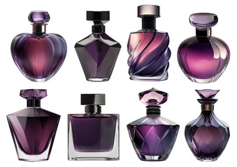 Set collection of simple and extravagant glass perfume bottle in dark pink purple tinted transparent design. FIlled fragrance mock up with copy space as design pattern.