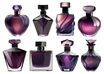Set collection of simple and extravagant glass perfume bottle in dark pink purple tinted transparent design. FIlled fragrance mock up with copy space as design pattern.
