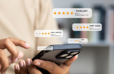 Online application customer review and satisfaction feedback concept, Clients rating service...