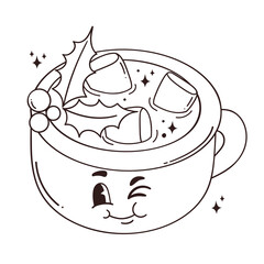 vector outline Christmas illustration template for coloring, activity, sketch funny cartoon big cup of cocoa with marshmallows with a winking face