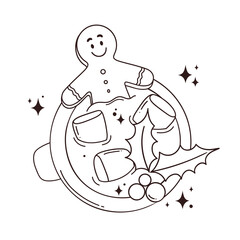vector outline Christmas illustration template for coloring, activity, sketch funny cartoon mascot smiling gingerbread man take a hot chocolate bath with marshmallow in big cup