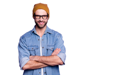 Portrait of his he nice attractive content virile cheerful cheery bearded guy folded arms copy space cool lifestyle isolated over bright vivid shine violet lilac purple background