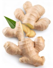 Two pieces of ginger root, one sliced, with a green leaf, isolated on a white background, showcasing the vibrant color and texture of this spice