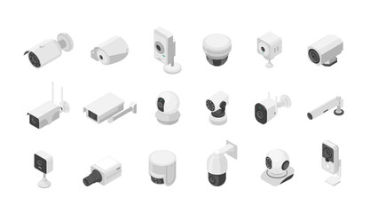 Isometric security systems. Cctv cameras for face recognition, indoor outdoor street monitoring systems. Digital technologies for protection, flawless vector elements
