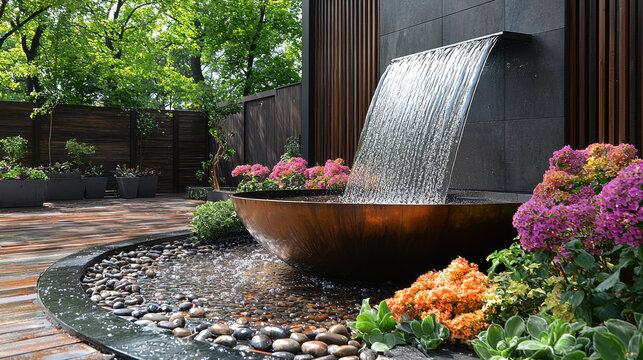 Serene Copper Waterfall Feature: A contemporary outdoor water feature showcasing a sleek copper bowl, cascading water, and vibrant flowers. Perfect for tranquil garden designs. 
