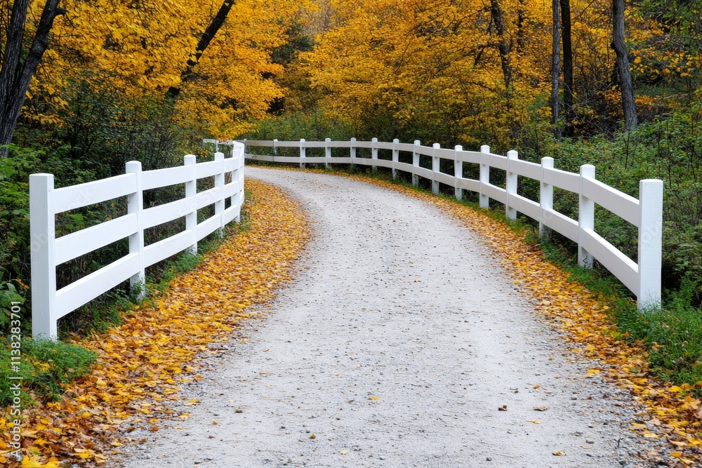 Poster A split-rail fence running alongside a dirt path through a forest in autumn, surrounded by fallen leaves and golden light