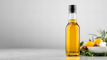 Obraz premium A glass bottle of olive oil beside fresh olives and cheese on a clean surface.