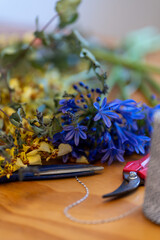 Close up of flower on a wooden table with scissors