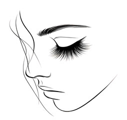 Minimalist female line drawing profile, long eyelashes elegant eyebrow delicate nose full lips. graceful woman clean sketch transparent background.