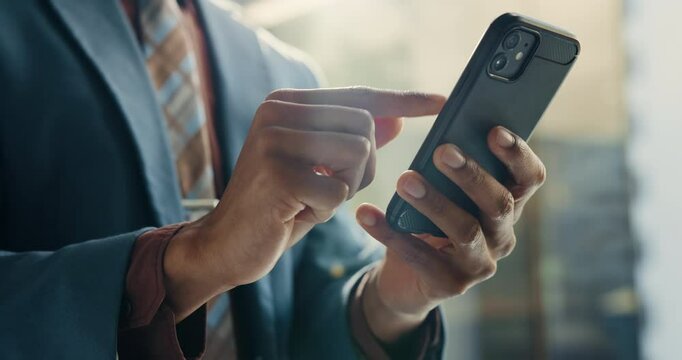 Hands, smartphone and texting in office for business person with notification, contact or update for lead in legal case. Attorney, advocate and phone for networking, chat or app at corporate law firm