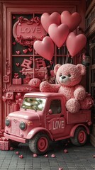 Valentine's display with pink teddy bear, balloons, and gifts in vintage truck