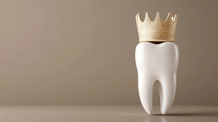 A white tooth model topped with an ornate golden crown on a neutral background, symbolizing premium dental care, oral health, and dental royalty