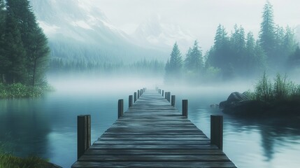A cozy wooden pier extending into a calm lake, surrounded by dense green forest and misty mountains