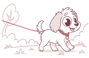 Cute cartoon puppy, fluffy white dog, big eyes, pink collar, walking on leash, butterfly, simple line drawing.