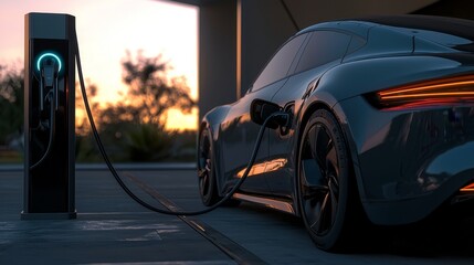 Futuristic Electric Car Charging at Sunset with Sleek Design