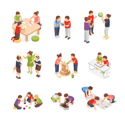 Isometric kindergarten activity. Children play together in ball and cubes, wearing animals costumes and drawing. Little kids outdoor activities, flawless vector set