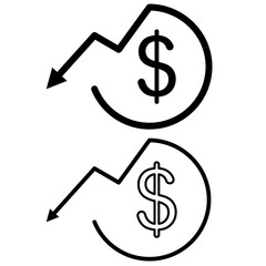 dollar icon with down arrow, simple flat style, symbol vector illustration sign logo template pictogram, for ui or ux isolated on white for mobile app, editable