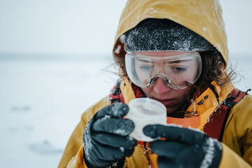 A researcher in an orange jacket conducts experiment generated with AI image